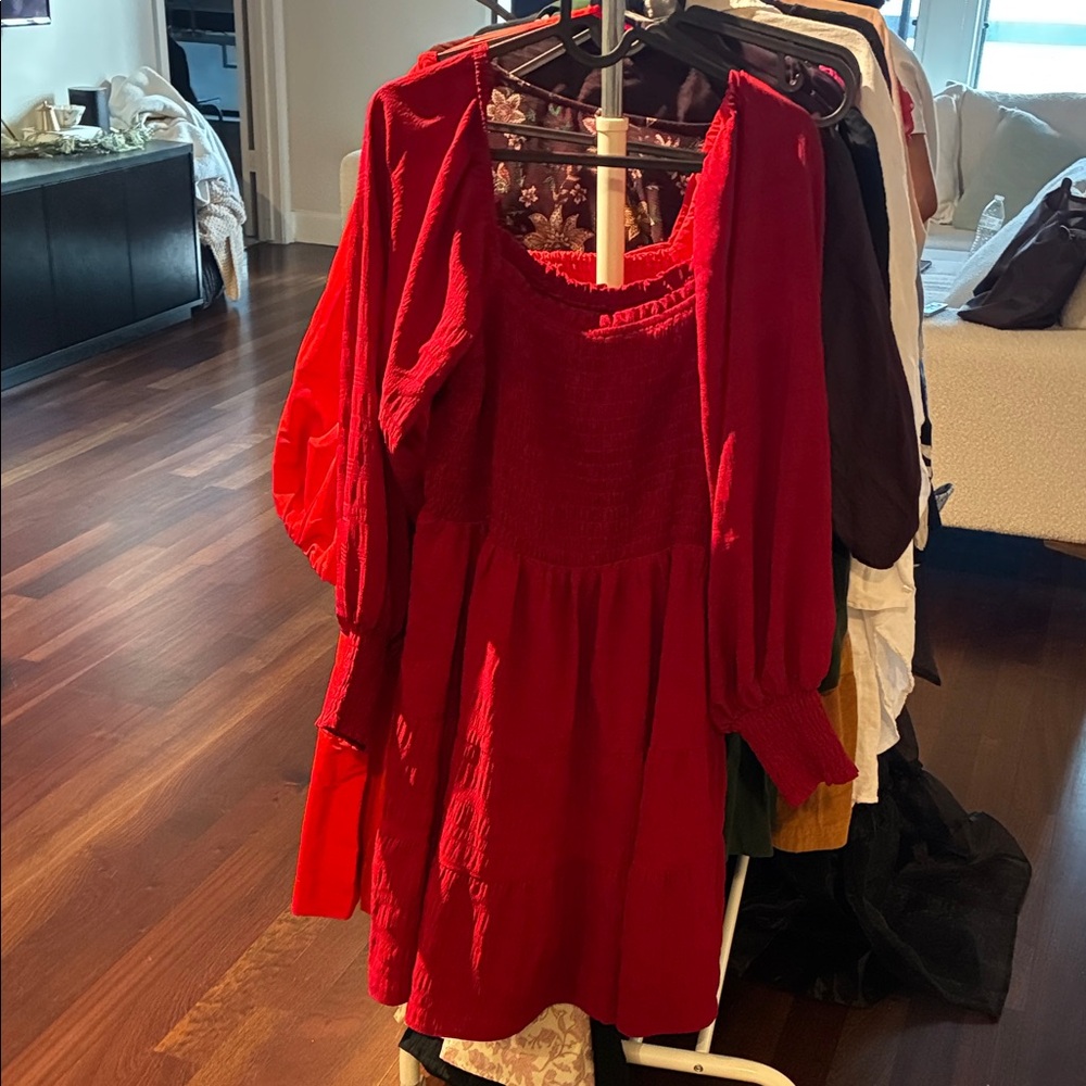 Red Smocked Square-Neck Mini Dress